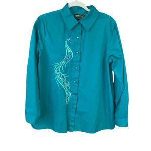 Women's Bob Mackie Teal Peacock Embroidered Long Sleeve Button Down Blouse EUC